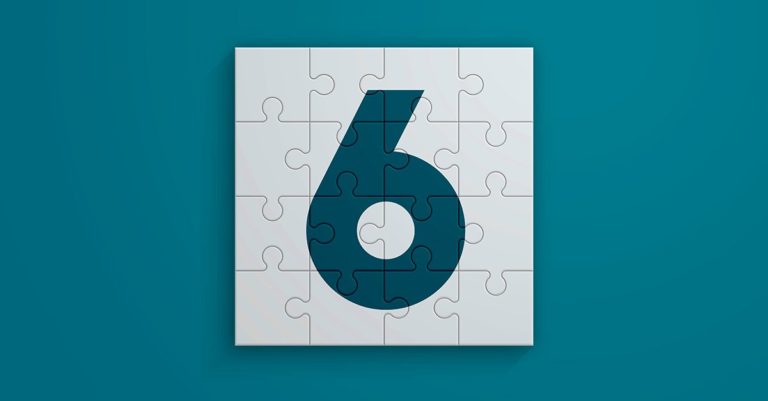 Puzzle pieces forming the Number 6. Designed with the color of the year. Horizontal composition with copy space.